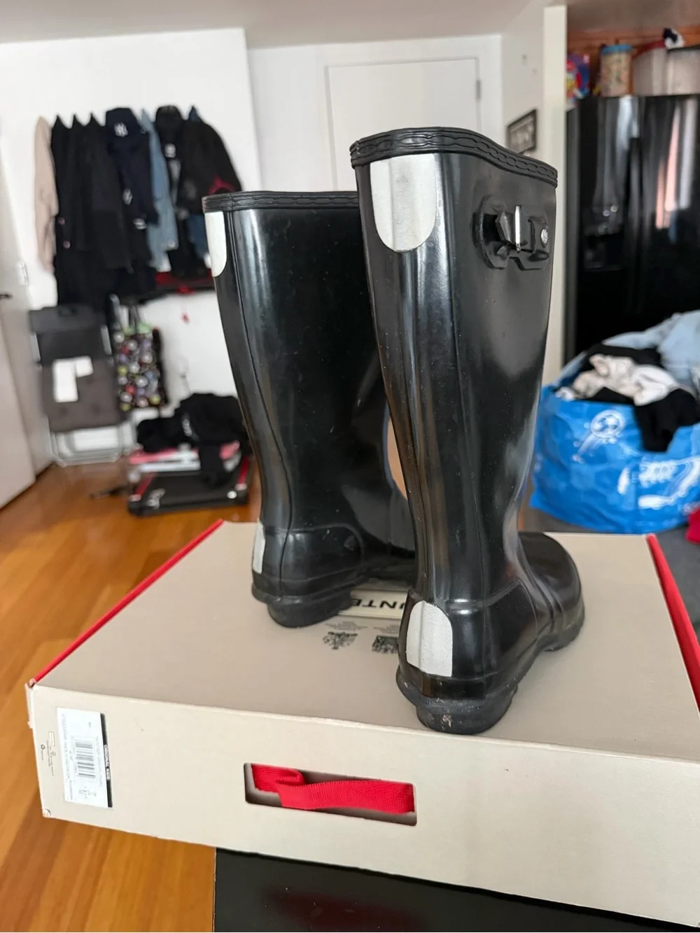 Hunter Gloss Black Tall Rain Boots with Logo Panel